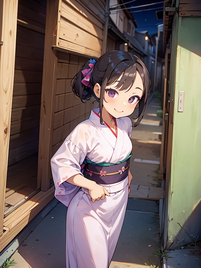 masterpiece, best quality, girls group shot, s10yo, (petite),
 smile, standing, small breasts, yukata, alley,