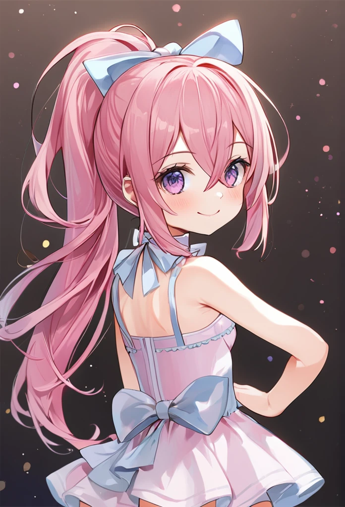 (((masterpiece)))(((Highest quality)))(((8K)))(((4K)))One Little Girl、 years old、(Straight Hair)、voluminous ponytail(Pink Hair)(((Pink high ponytail)))、Ribbon on head、Crossed bangs、Light purple eyes、(((Squint your eyes)))、((Smile with your mouth closed))、(((Cute Mini Dresses)))、Small breasts, from behind、turn around、From the waist up、Anime Style