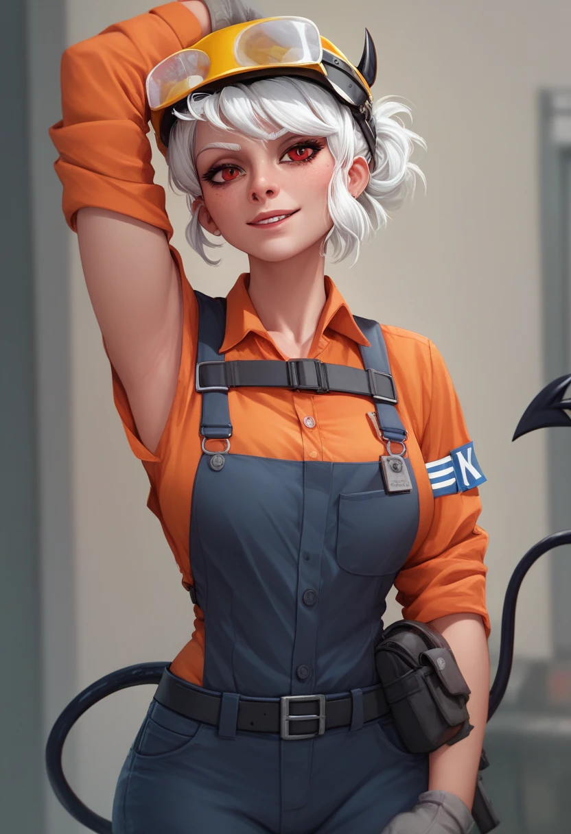 A female construction worker, as a Helltaker character  with short white hair, wearing an Adrian helmet 