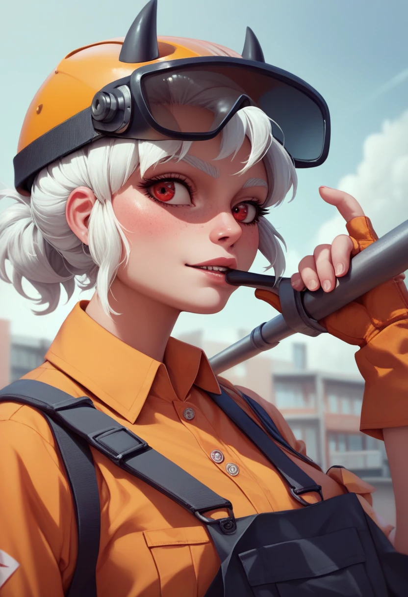 A female construction worker, as a Helltaker character  with short white hair, wearing an Adrian helmet 