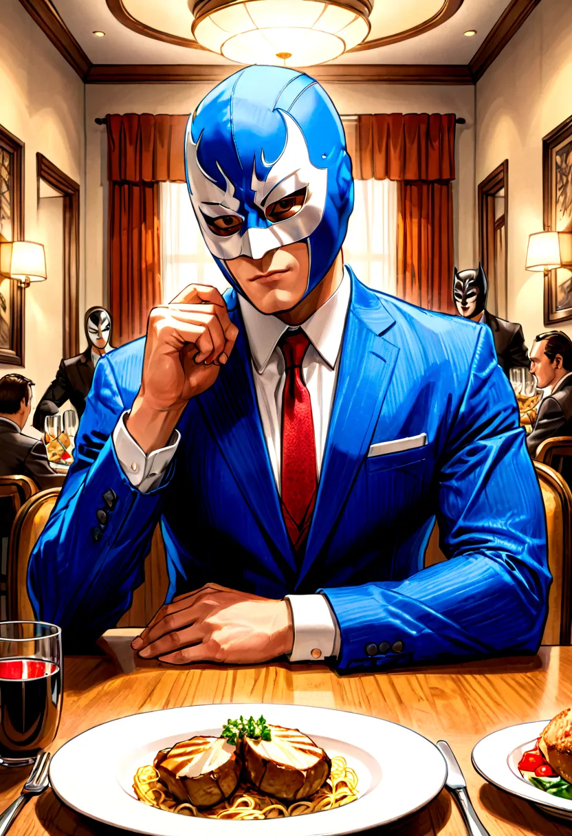 comic artwork of a man in a business suit, wearing a wrestling mask, sitting at a dinner table, crosshatching, 2d, sharp, detail...