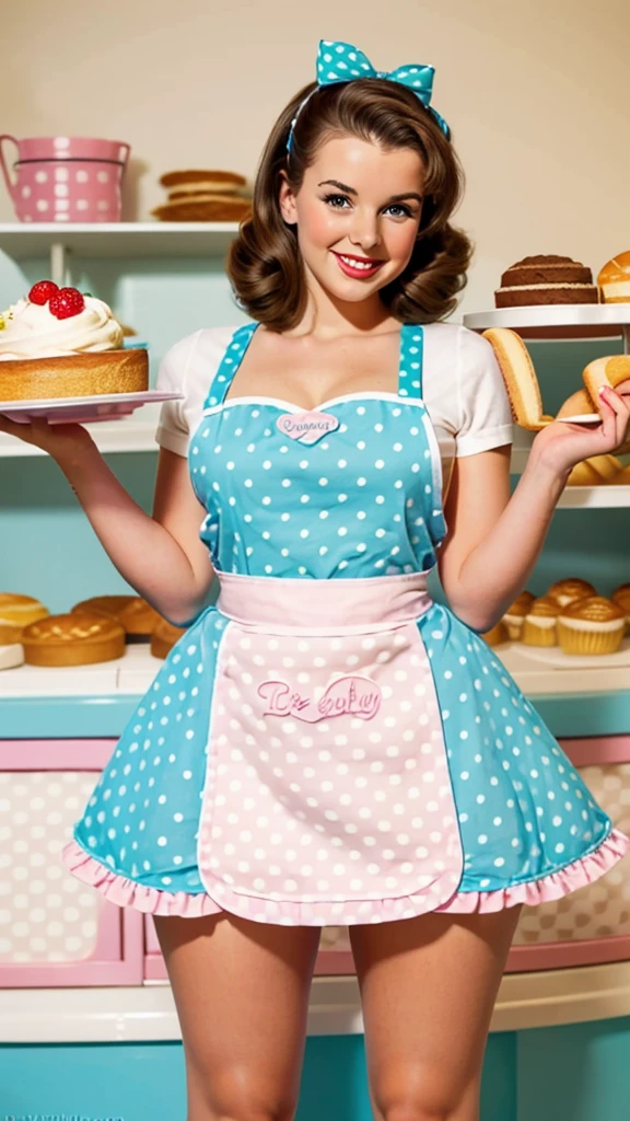 foto de uma pinup morena segurando um bolo em um avental no estilo pinup lindo sorriso linda padaria cores claras brilhantes mini saia pastel com bolinhas posando no estilo pinup sexy
