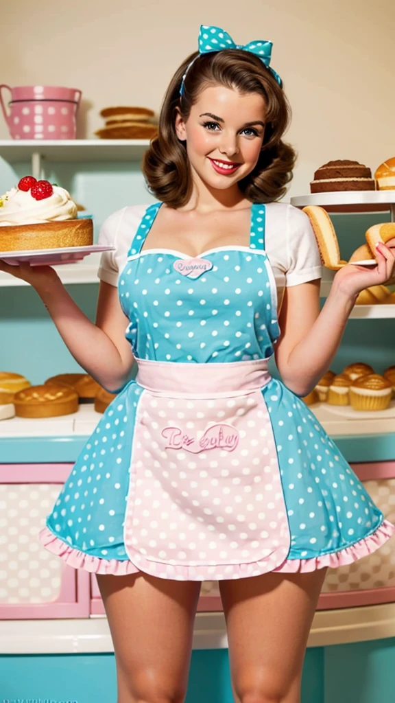 Foto eines brünetten Pin-ups, das einen Kuchen in einer Schürze im Pin-up-Stil hält, schönes Lächeln, schöne Bäckerei, helle Farben, pastellfarbener Minirock mit Tupfen, posiert im sexy Pin-up-Stil