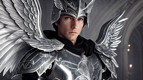 close-up of a stunning male angel dressed in gleaming silver metallic armor, with magnificent white wings. the scene is cold and...