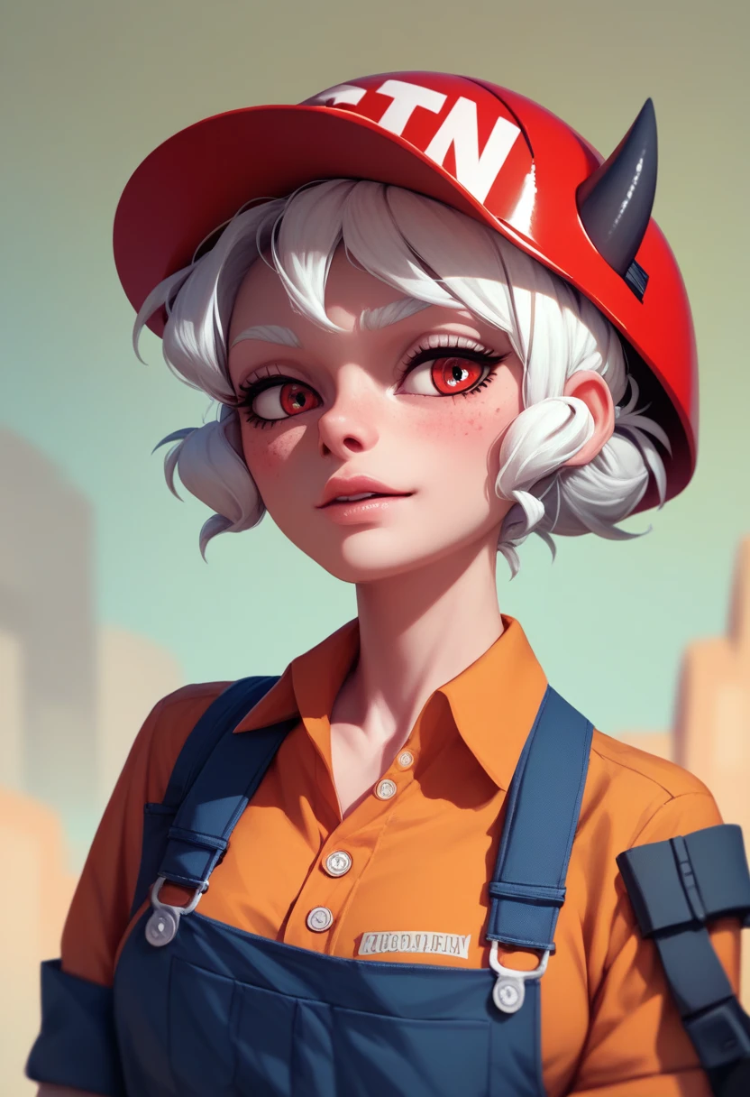 A female construction worker, as a Helltaker character  with short white hair, wearing an Adrian helmet 