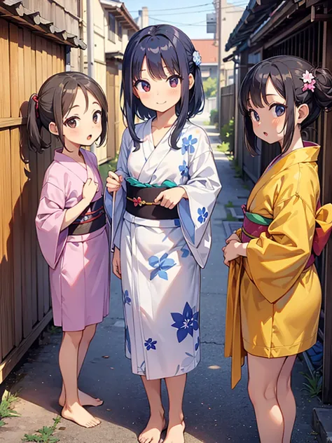 masterpiece, best quality, girls group shot, s10yo, (petite),
 smile, :o standing, small breasts, naked yukata, alley,