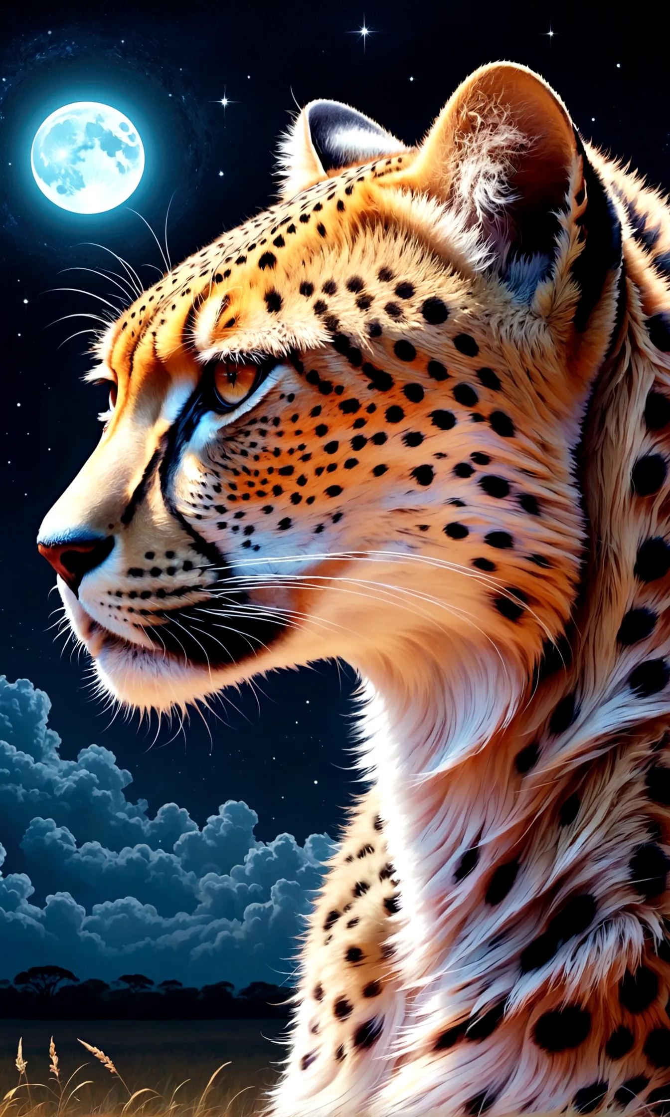 Draw a savannah landscape under the moon,A cheetah looking up at the sky,cheetah is female,This is a scene that rose from the de...