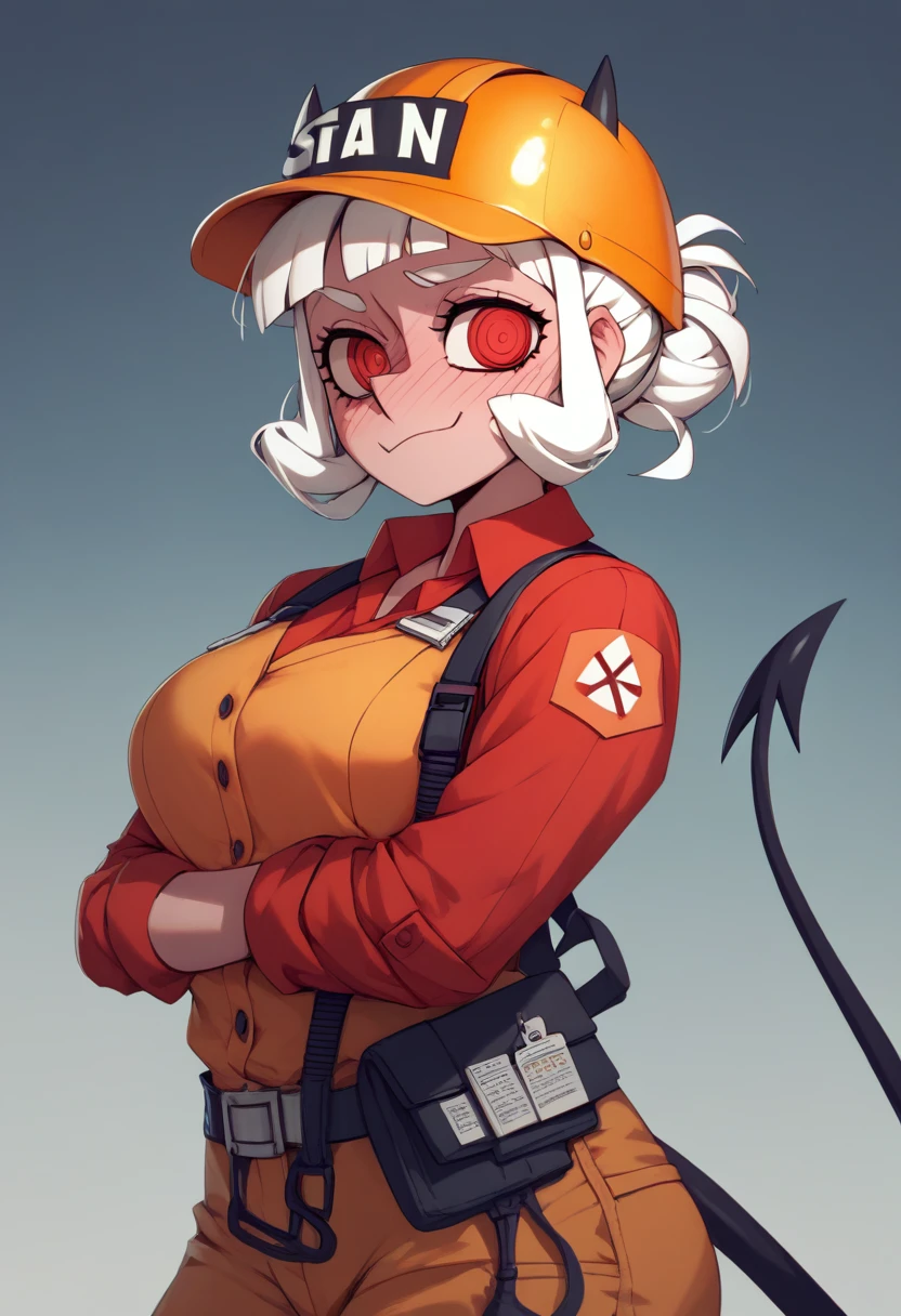 A female construction worker, as a Helltaker character  with short white hair, wearing an Adrian helmet 