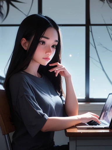 una hermosa chica de anime detallada de unos 20 años, expresión nerviosa, sentada frente a un escritorio de estudio con una computadora portátil, mirando su computadora portátil con atención, rasgos faciales detallados, Pestañas largas, piel detallada, Cabello detallado, iluminación cinematográfica, iluminación dramática, muy detallado, Sombreado suave, Colores ricos, pintura digital, Arte conceptual, bellamente detallado, alta calidad, Fotorrealista