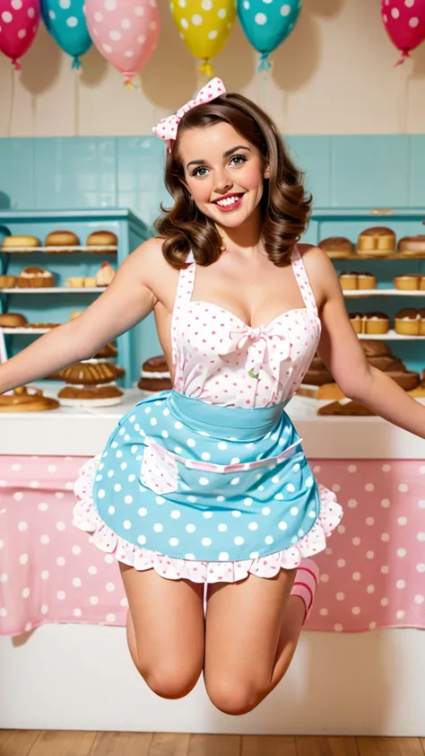 photo of a brunette pinup girl jumping out of a huge cake in an apron in pinup style beautiful smile beautiful bakery bright lig...