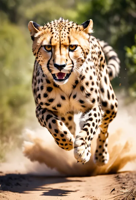 realistic photos, raw photos, cheetah attacks viewer, powerful movements, jump on the prey, ((dynamic jump)), approaching cheeta...