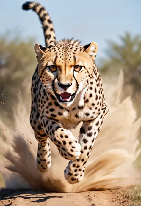 Realistic photos, RAW Photos, Cheetah attacks viewer, Powerful movements, jump on prey, ((Dynamic jump)), Cheetah approaching fr...