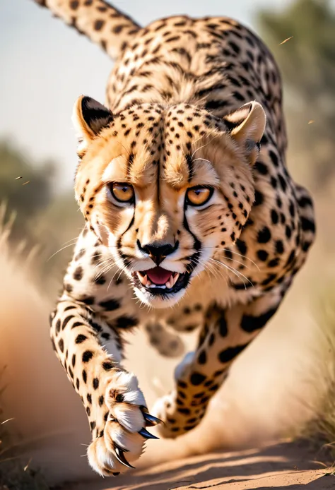 Realistic photos, RAW Photos, Cheetah attacks viewer, Powerful movements, jump on prey, ((Dynamic jump)), Sharp Claws, Cheetah a...