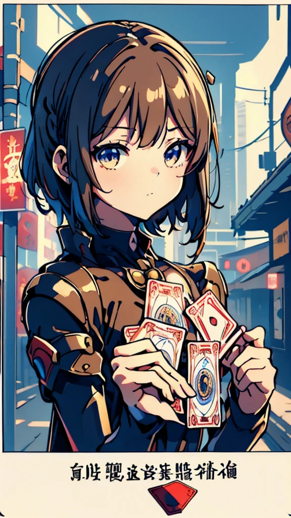 Cards，There are many cards floating in the sky，Girl holding cards，Girl holding a card，Fantasy style，Magic Style，Sci-fi style，Sci-fi style与Magic Style，A girl holding a card with many cards floating behind her，Girl holding a card between two fingers，Girl holding cards，Correct human body structure，Correct body proportions，Girl holding a card，Girl holding cards，The girl holds a card in her hand，Street background，现代Street background，现代都市Street background，Magic Style的背景，Modern urban background，Cards floating in the sky，Cards floating in the background，Upper body close-up，Close-up above the waist，背景中有很多Cards floating in the air，Cards floating in the air，Tarot cards floating in the air