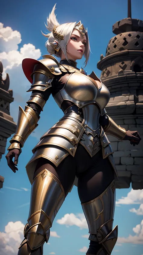 lady knight of the borobudur temple, full heavy armor, athletic body