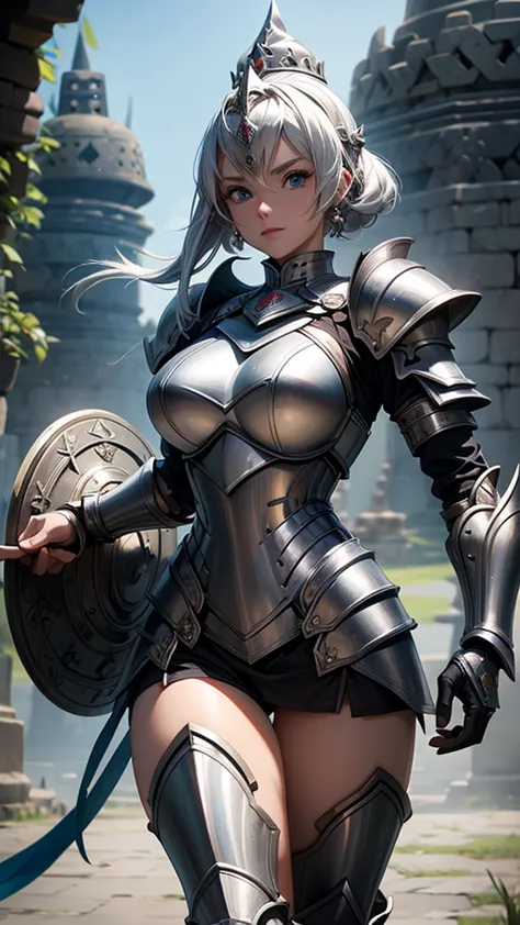 lady knight of the borobudur temple, full heavy armor, athletic body