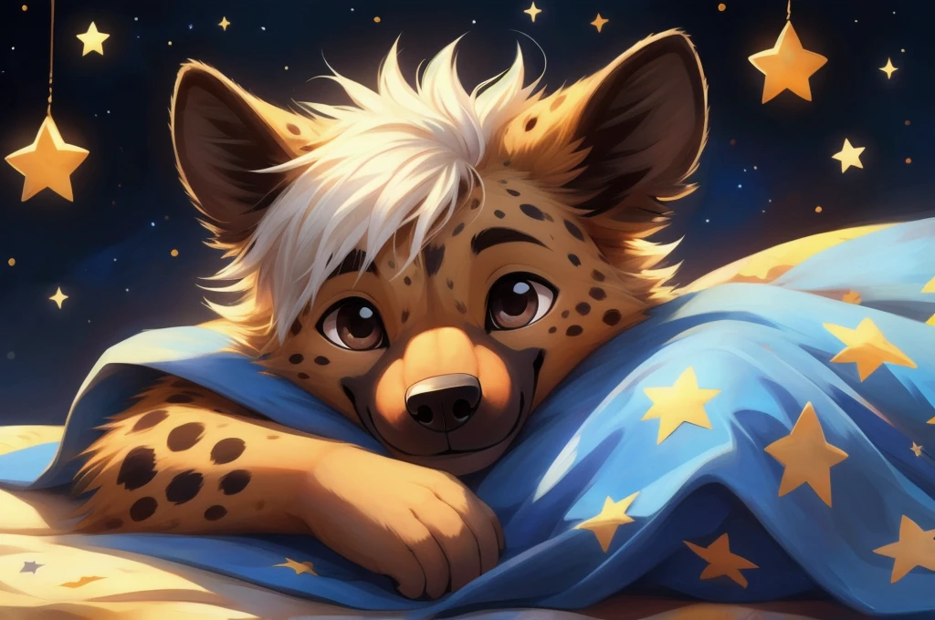 masterpiece，hyena，male，，Solitary，best quality，Delicate eyes，Brown eyes，paw，Hair，Pure white background，Cartoon style，White hair，Facing the camera，Smile，sleep，Covered with a blue quilt with a star pattern，Simplicity