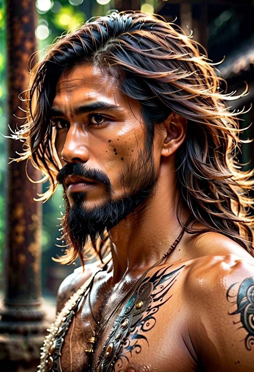 Vue latérale d&#39;un homme thaïlandais aux cheveux longs, barbe en désordre, Yeux étroits, aquarelle