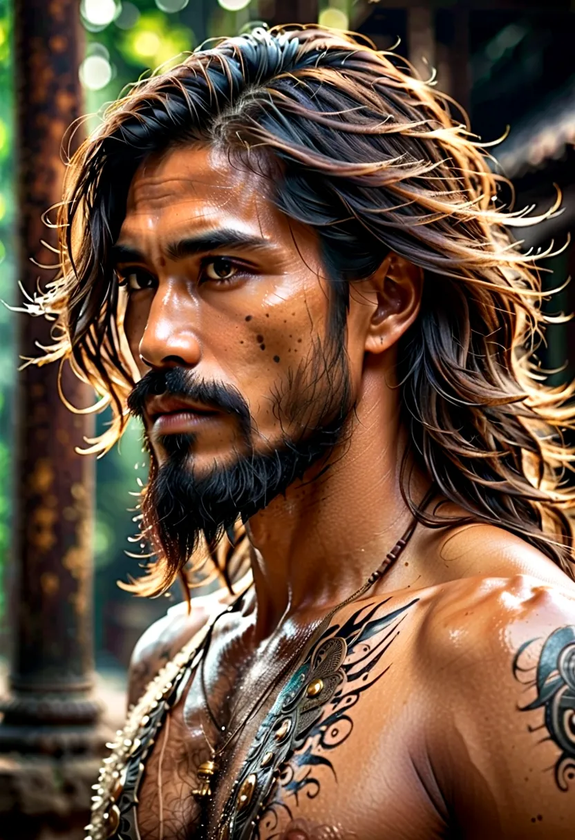 Side view of a Thai man with long hair, messy beard, Narrow eyes, watercolor
