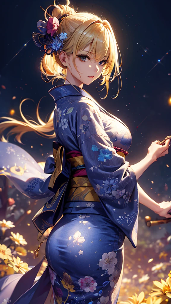 masterpiece, high quality, 4K, Beautiful design, silhouette，blonde， 非常に詳細な夜のStarry Sky,Flower Field， wonderful, Finer details,  Very knowledgeable woman, Highly detailed solo, 1 female,Big Breasts，Big Ass，Underwear Line，Yukata in white color，Night view，Starry Sky，full moon，