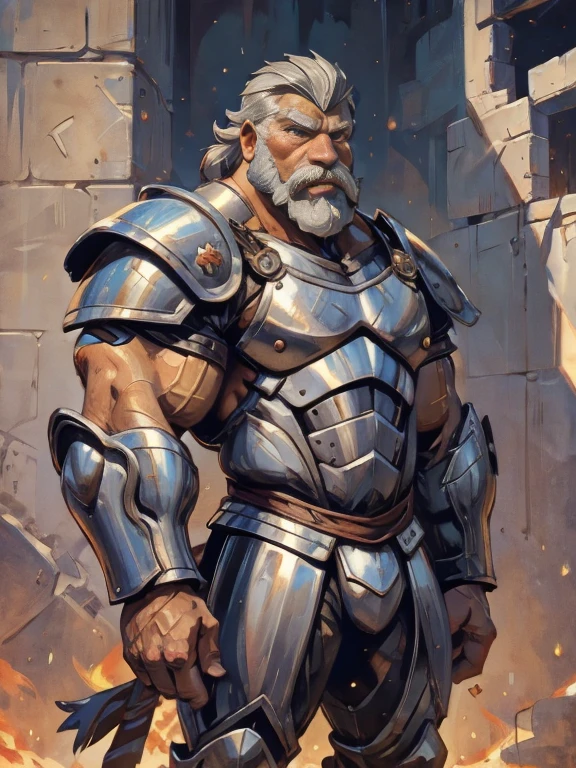 burly virile hairy werelion, in a suit of armor, a himbo muscle daddy, middle-aged dilf, hirsute, overmuscular and musclebound, bulging veiny muscles, a warrior's build, a bodybuilder's physique, long bushy and a thick mustache, a square jaw, handsome and dreamy, grey hair, a knight clad in full armor