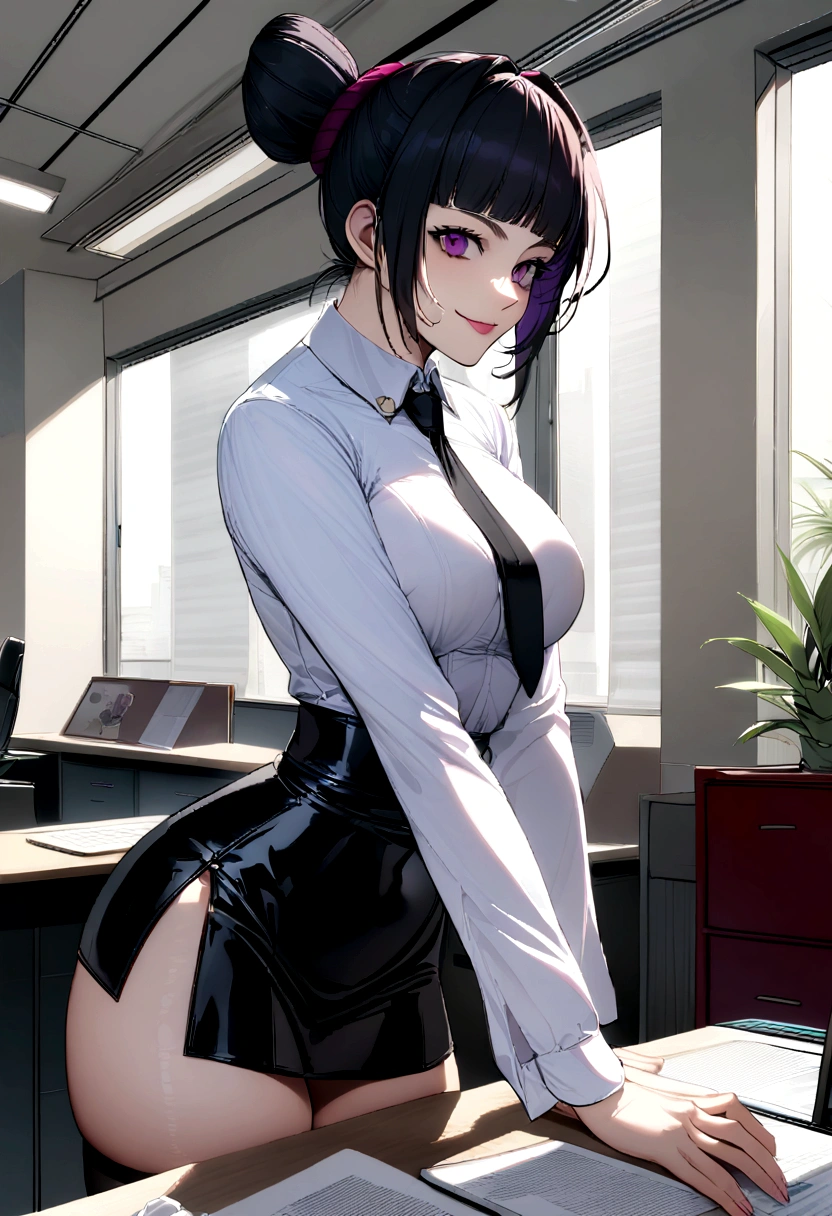 juri han, work of art, tight white secretary shirt with black tie, black high waist skirt, short skirt,stocking, black hair, black tights, smile,office,franja nos olhos,iluminação,chifre de cabelos,visão de cima,olhando para cima
