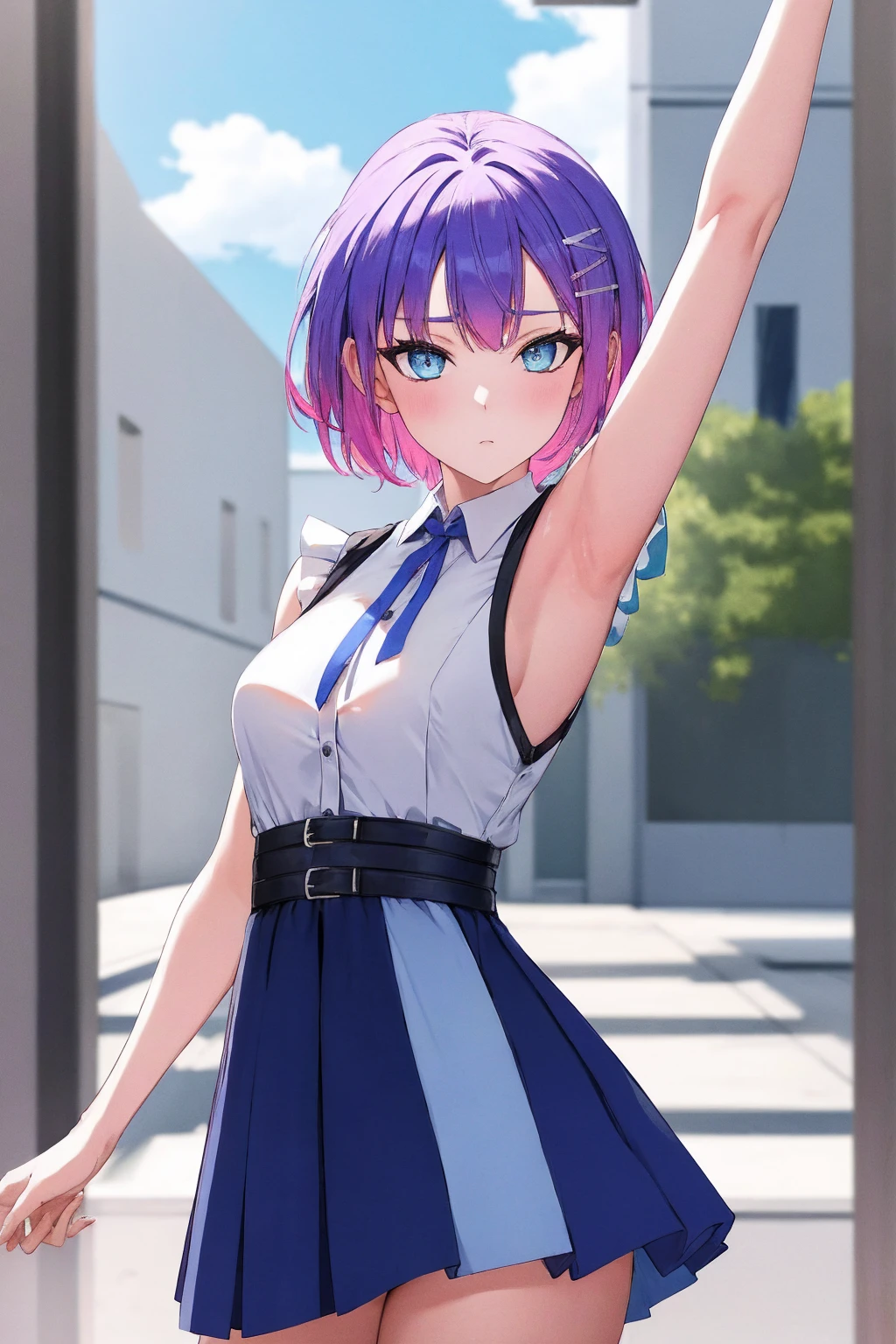 (day:1.7), sky background,a blue sky and clouds,
standing at attention,armpits,arm up,
white shirt, blue vest, sleeveless, blue thighhighs, blue skirt
cctowa, short hair, two side up, hair ribbonhair ornament,
1 girl, 20yo,young female,Beautiful Finger,Beautiful long legs,Beautiful body,Beautiful Nose,Beautiful character design, perfect eyes, perfect face,
looking at viewer, (innocent_big_eyes:1.0),(expressionless:1.3),
NSFW,official art,extremely detailed CG unity 8k wallpaper, perfect lighting,Colorful, Bright_Front_face_Lighting,
(masterpiece:1.0),(best_quality:1.0), ultra high res,4K,ultra-detailed,
photography, 8K, HDR, highres, absurdres:1.2, Kodak portra 400, film grain, blurry background, bokeh:1.2, lens flare, (vibrant_color:1.2)
(Beautiful,medium_Breasts:1.4), (beautiful_face:1.5),(narrow_waist),(perfect hands, perfect anatomy),