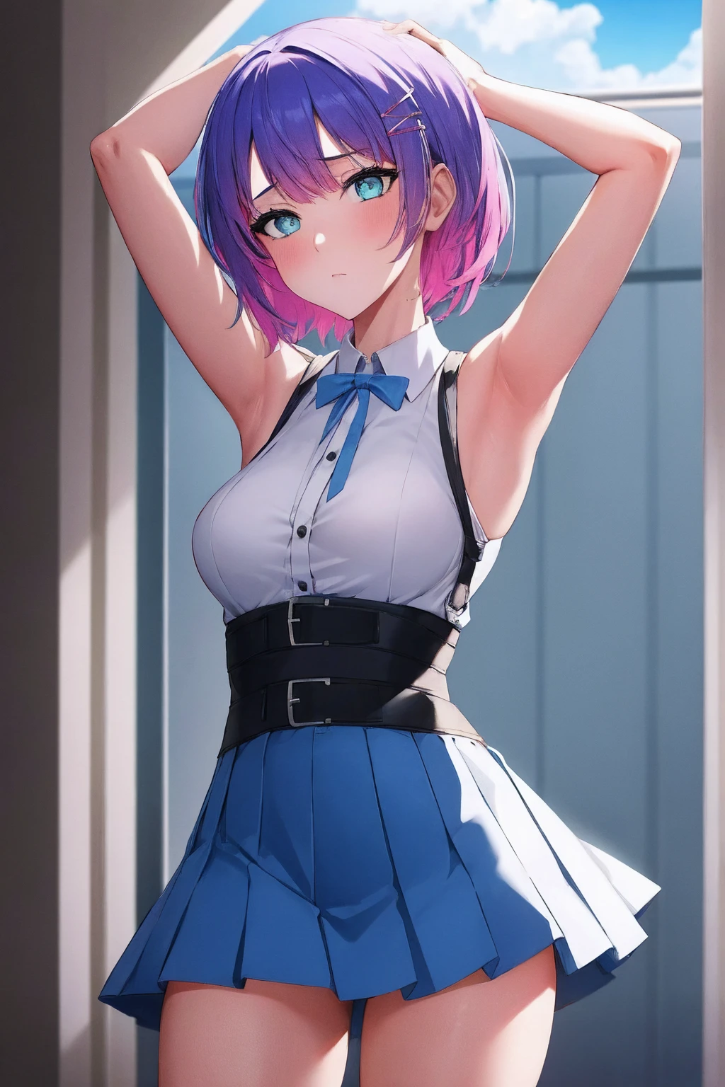 (day:1.7), sky background,a blue sky and clouds,
standing at attention,armpits,arm up,
white shirt, blue vest, sleeveless, blue thighhighs, blue skirt
cctowa, short hair, two side up, hair ribbonhair ornament,
1 girl, 20yo,young female,Beautiful Finger,Beautiful long legs,Beautiful body,Beautiful Nose,Beautiful character design, perfect eyes, perfect face,
looking at viewer, (innocent_big_eyes:1.0),(expressionless:1.3),
NSFW,official art,extremely detailed CG unity 8k wallpaper, perfect lighting,Colorful, Bright_Front_face_Lighting,
(masterpiece:1.0),(best_quality:1.0), ultra high res,4K,ultra-detailed,
photography, 8K, HDR, highres, absurdres:1.2, Kodak portra 400, film grain, blurry background, bokeh:1.2, lens flare, (vibrant_color:1.2)
(Beautiful,medium_Breasts:1.4), (beautiful_face:1.5),(narrow_waist),(perfect hands, perfect anatomy),