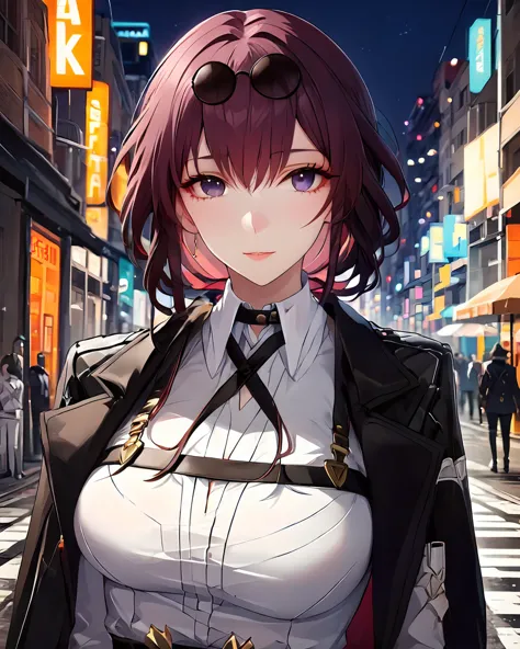 detailed anime style,a beautiful girl standing on the street,whole body,thigh strap,jaket, white  shirt,kafka,