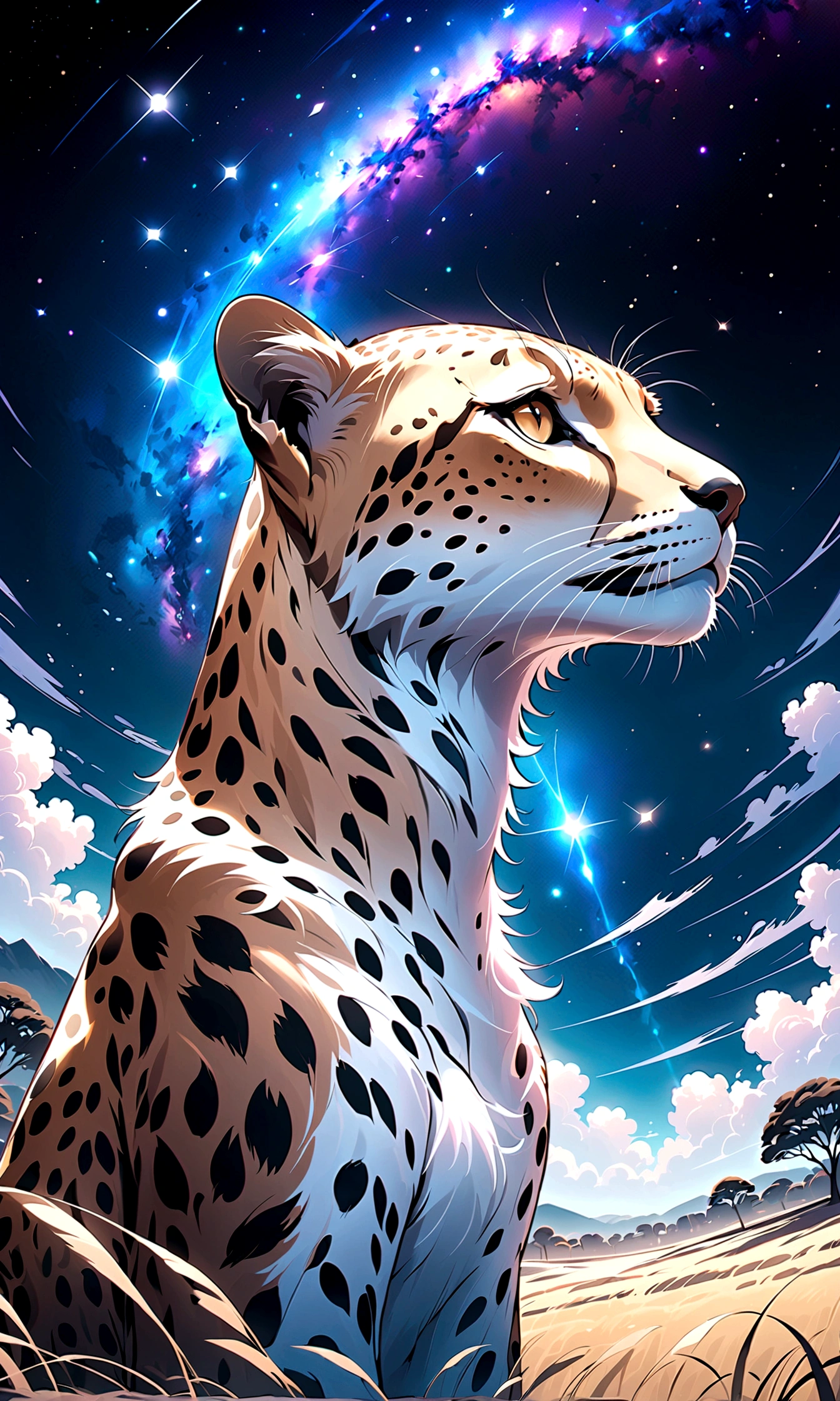 ((Dessinez un paysage de savane nocturne)),Un guépard regardant le ciel,C&#39;est une scène qui surgit des profondeurs de la tristesse et du désespoir.,Le thème est "Une nuit de tristes et beaux souvenirs",Faites correspondre l’atmosphère générale du tableau au thème,Un beau ciel étoilé s&#39;étend,poussière d&#39;étoiles,Nature de la savane,pétillant,belle lumière et ombre,anatomiquement correct,anatomie parfaite,Détails complexes,Large gamme de couleurs,ouvrages d&#39;art,le rendu,(chef-d&#39;œuvre:1.3),(la plus haute qualité:1.4),(Super détaillé:1.5),Haute résolution,Très détaillé,unité 8k fond d&#39;écran,décadent,vent,emmêlé,Absurde