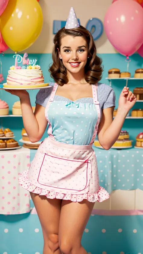 photo brunette pinup holding giant birthday cake wearing an apron in pinup style beautiful smile beautiful bakery bright light c...