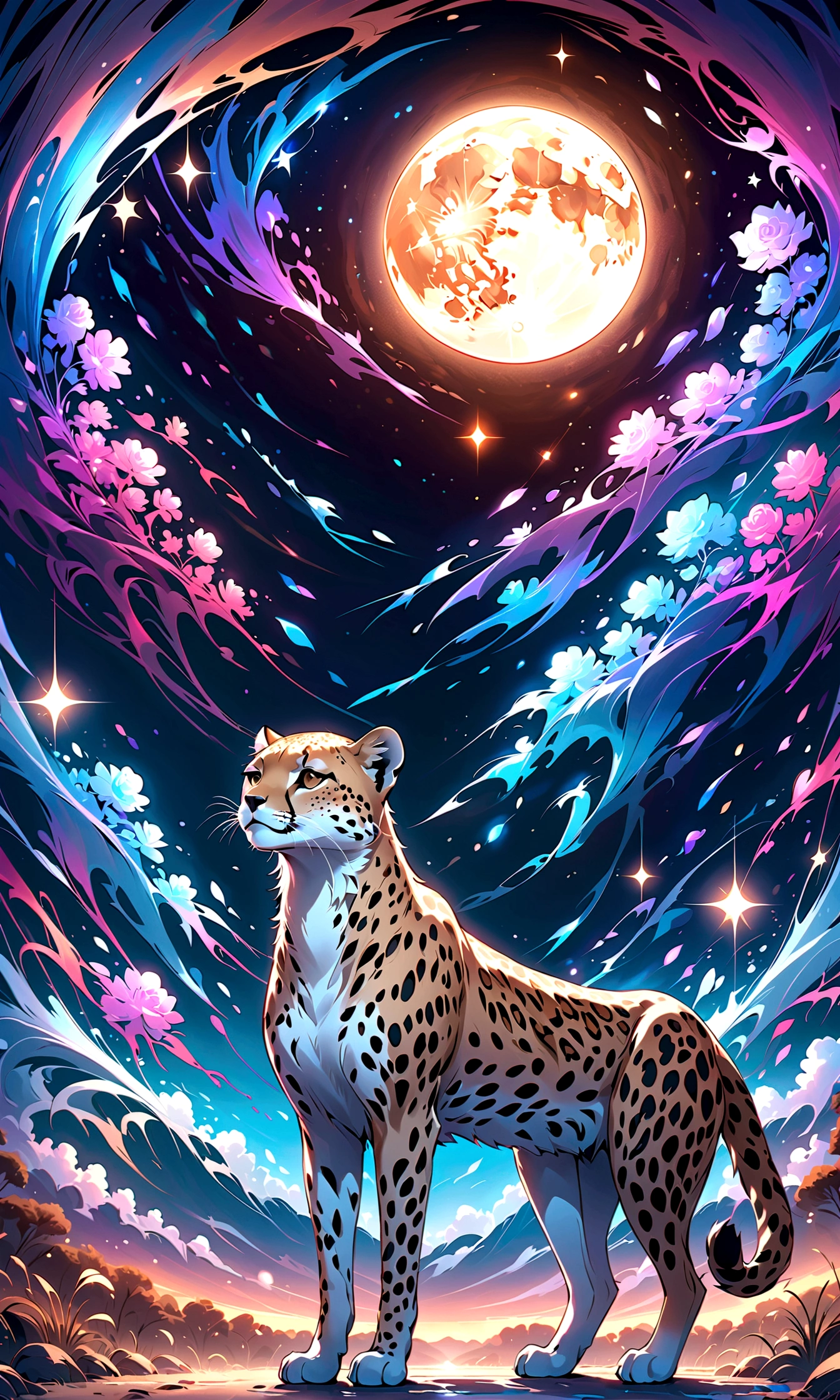 ((Draw a night savannah landscape)),A cheetah looking up at the sky,This is a scene that rose from the depths of sadness and despair.,The theme is "A night of sad and beautiful memories",Match the overall atmosphere of the painting to the theme,A beautiful starry sky spreads out,stardust,Savannah nature,Sparkling,The moonlight gently illuminates the cheetah,anatomically correct,perfect anatomy,Intricate details,Wide range of colors,artwork,rendering,(masterpiece:1.3),(highest quality:1.4),(Super detailed:1.5),High resolution,Very detailed,unity 8k wallpaper,Decadent,Wind,zentangle,absurd