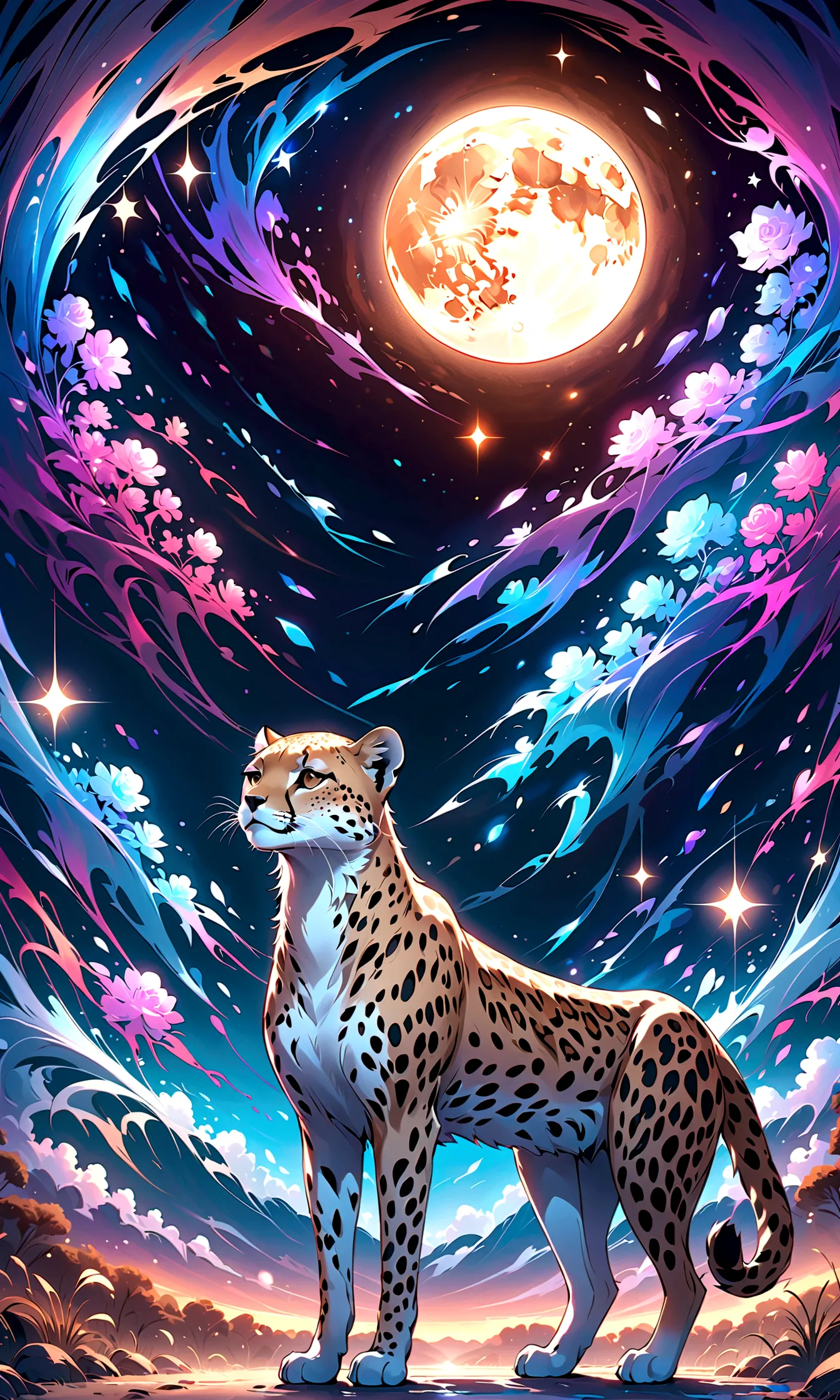 ((draw a night savannah landscape)),a cheetah looking up at the sky,this is a scene that rose from the depths of sadness and des...