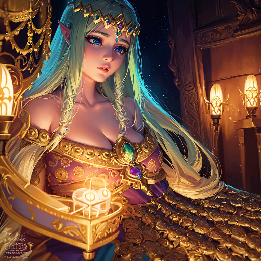 a beautiful detailed princess zelda, extremely detailed face, beautiful detailed eyes, beautiful detailed lips, long eyelashes, large breasts, intricate ornate jewelry, royal fantasy medieval gown, ethereal glowing light, cinematic dramatic lighting, vibrant colors, fantasy digital art, photorealistic, 8k, highly detailed, masterpiece