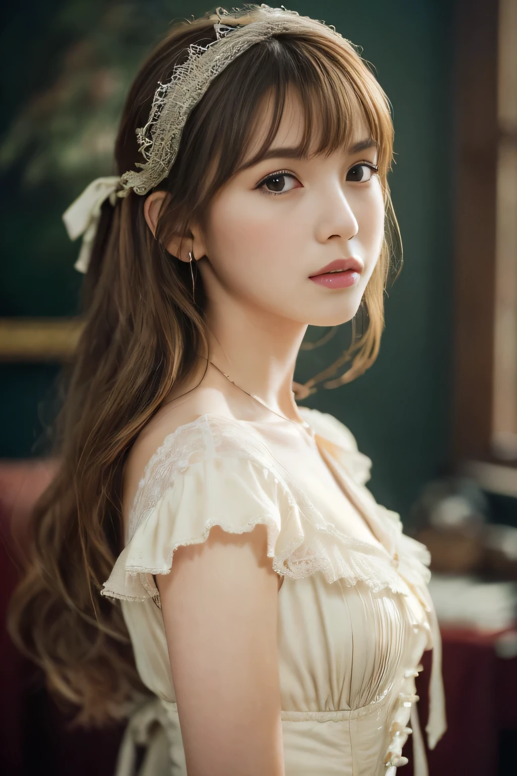 
((masterpiece:1.4, Highest quality)), (Realistic photos:1.4), (artwork),
((1 Girl)), (Otherworldly beauty), (dream-like),
(超High resolution:1.2), Very delicate and beautiful, wonderful, Very detailed CG Unity 8k wallpaper, Very detailed, High resolution, 
Soft Light, Beautiful detailed girl, Very detailedな目と顔, Beautiful and exquisite nose, Beautiful and exquisite, 
(Dressed in 19th century Belgian costume:1.3),
Cinema Lighting, Perfect Anatomy, Slender body, (Parted bangs),
(Vermeer&#39;s portrait of a girl:1.5), (Subject of the painting), (Picture background),
Cowboy Shot