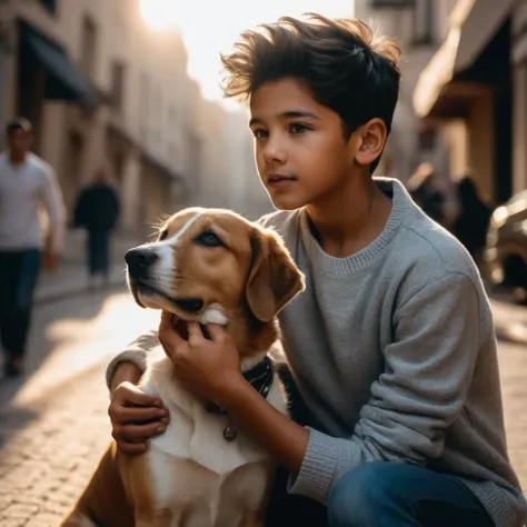 photo of boys playng with dogs in the street ((perfect eyes, detailed eyes,realistic eyes)), (detailed face, realistic face, nat...