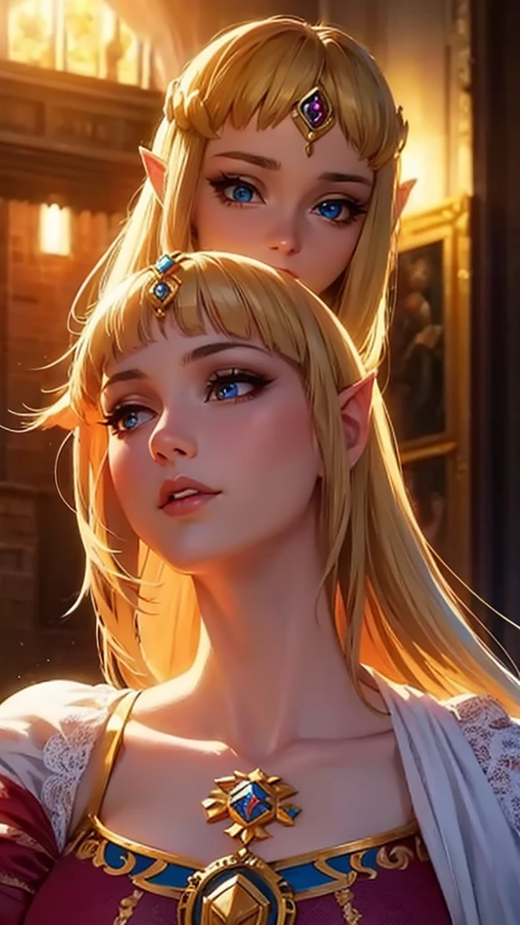 a beautiful detailed princess zelda, extremely detailed face, beautiful detailed eyes, beautiful detailed lips, long eyelashes, large breasts, intricate ornate jewelry, royal fantasy medieval gown, ethereal glowing light, cinematic dramatic lighting, vibrant colors, fantasy digital art, photorealistic, 8k, highly detailed, masterpiece