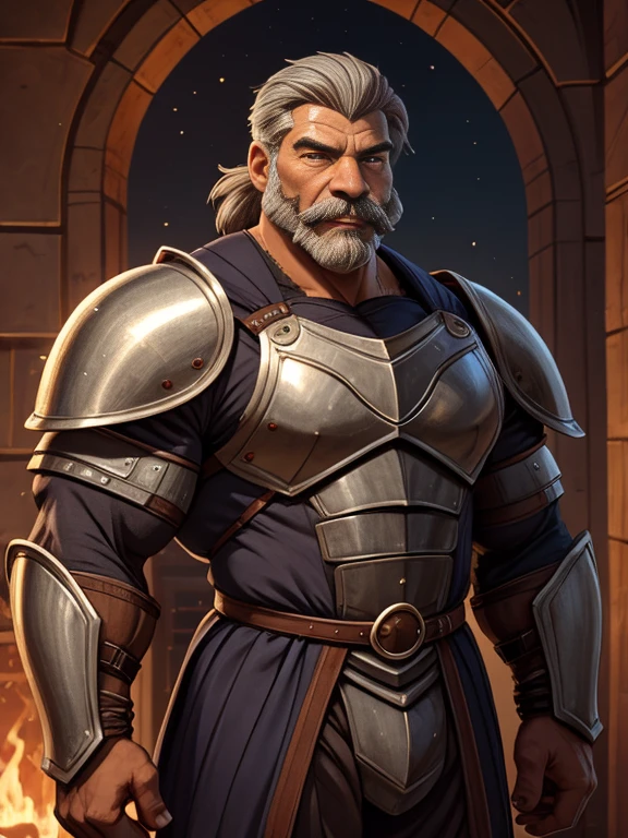 burly virile hairy werelion, in a suit of armor, a himbo muscle daddy, middle-aged dilf, hirsute, overmuscular and musclebound, bulging veiny muscles, a warrior's build, a bodybuilder's physique, long bushy and a thick mustache, a square jaw, handsome and dreamy, grey hair, a knight clad in full armor