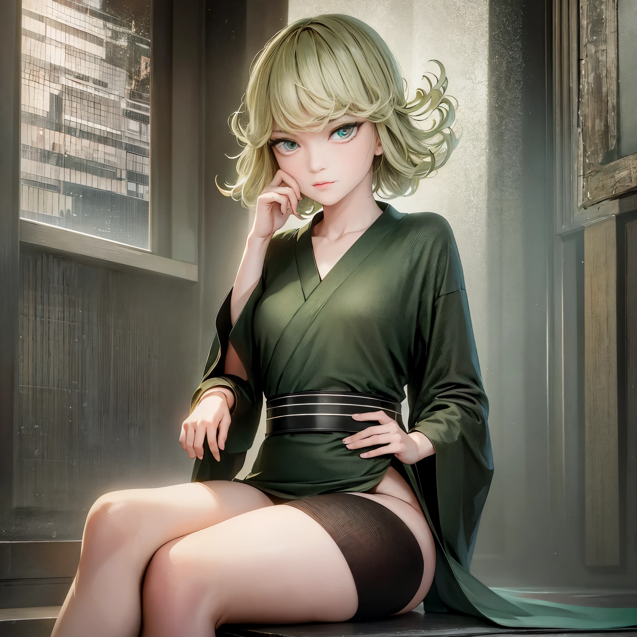 (masterpiece, best quality:1.2), solo, 1girl, tatsumaki, unamused, closed mouth, looking at viewer, hand on own face, sitting, crossed legs,short  kimono,green hair, green eyes,big thighs 