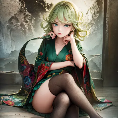 (masterpiece, best quality:1.2), solo, 1girl, tatsumaki, unamused, closed mouth, looking at viewer, hand on own face, sitting, c...