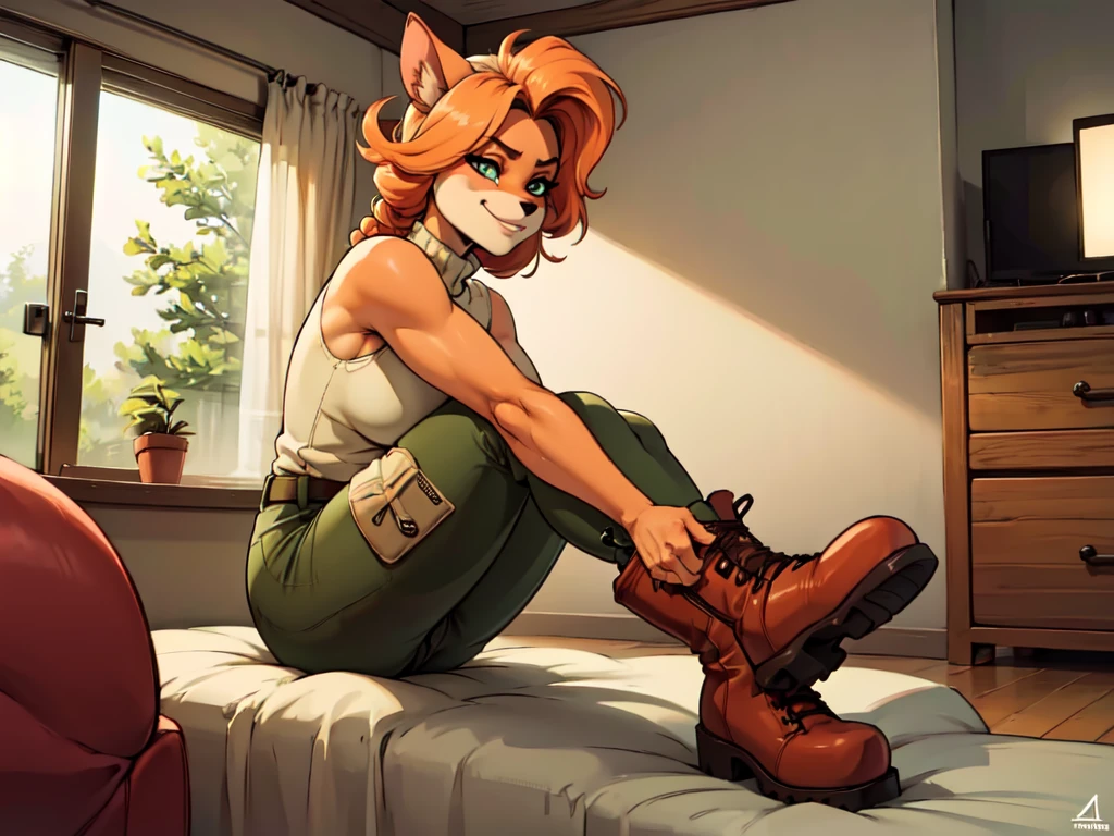 (best quality,4k,8k,highres,masterpiece:1.2),ultra-detailed,realistic:1.37,portrait,anthro bandicoot girl redhead, braided hair, beautiful green eyes, relaxing moment, sexy ,seductive, warm sweater, camouflage pants, army boots, smirking, cozy lighting, vibrant colors , girl anthro , sweater, camouflage pants, army boots, hands to boots