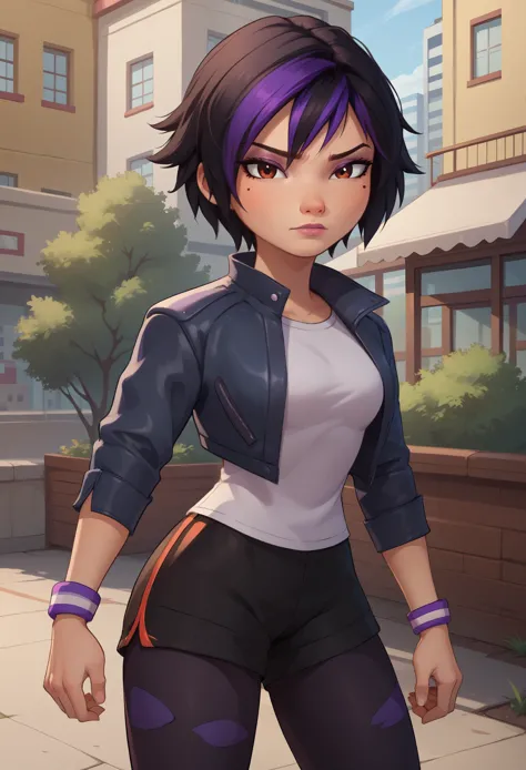 score_9, score_8_up, score_7_up, break,gogotomago, 1girl, solo, short hair, black hair, jewelry, jacket, lo purple hair, shorts,...