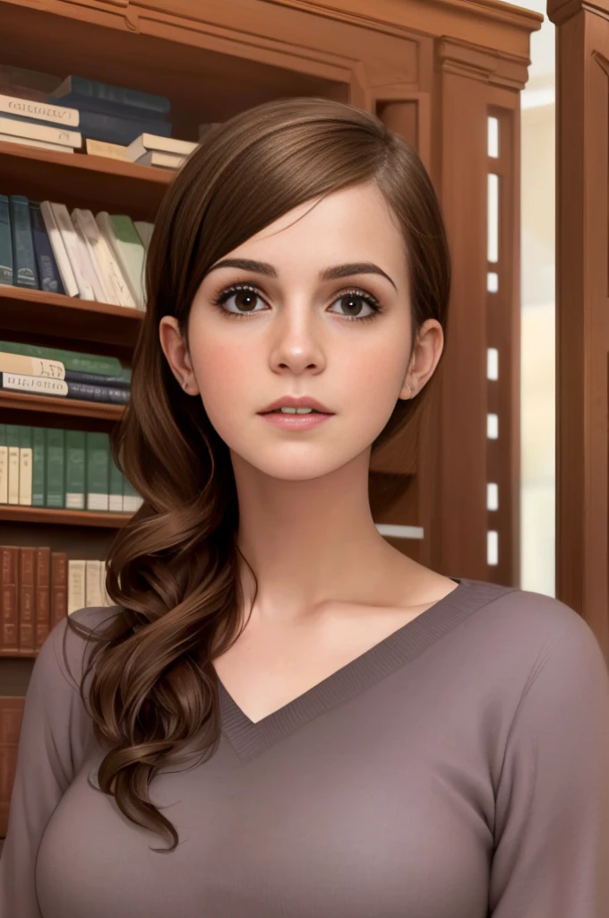 Emma Watson, (masterpiece quality, (masterpiece quality:1.3), realistic, (realistic:1.3), 1 girl, (1 girl:1.9), One, (One:1.9), in library, bookshelves in the background, wears a lawyer&#39;s suit, (black jacket:1.5), wear a white blouse, (wear a white blouse:1.5), wear a black skirt, (wear a black skirt:1.5), wear a collar necklace, To wear glasses, , (small breasts:1.5), thin body, 