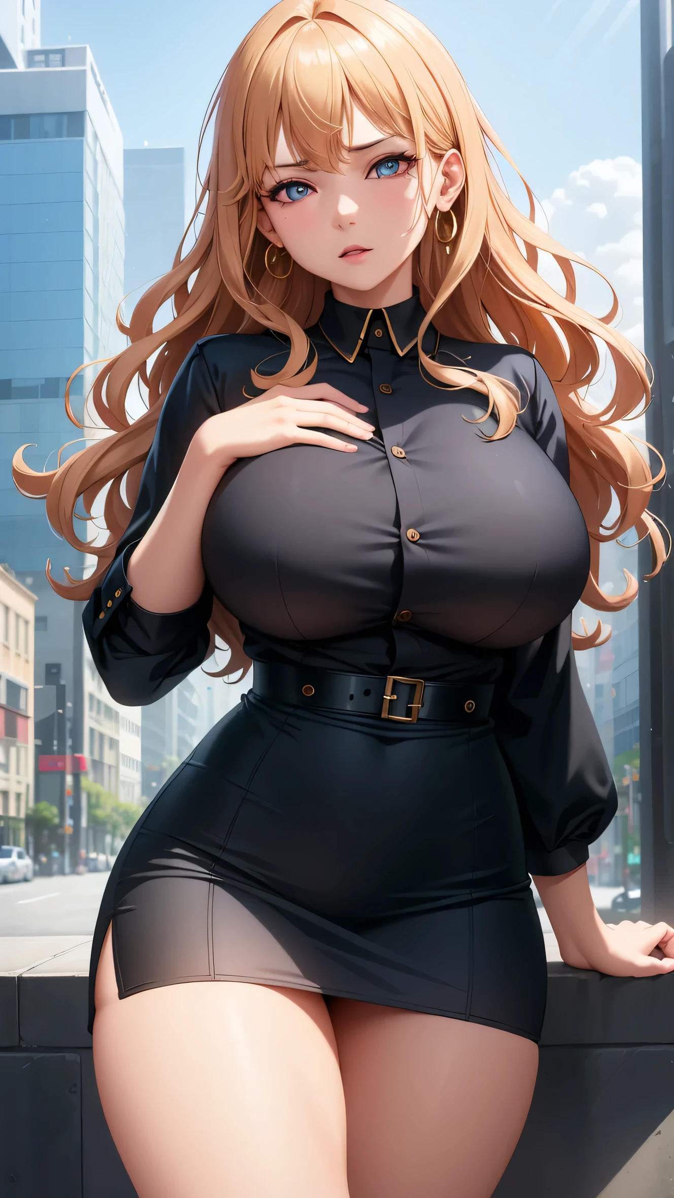 (best quality:1.5, High resolution, ultra HD, 4K, Detailed lighting, Shaders), (High quality eyes), ( Perfect fingers),  Curly hair, Gradient hair, Large Breasts, Set, shirt, Social shirt, Short skirt, Mature woman , (View), White background, Colored eyeshadow, Dramatic Lighting, Bright Eyes, Emotional expression, Gold earrings, Exquisite facial features, soft skin, High cheekbones, city environment, White background, Don&#39;t look for the camera,,  Behind the camera, whole body