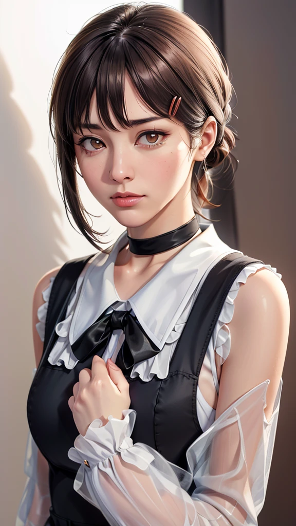 (（（Perfect body,White and tender skin,（（（black dress, pinafore dress, sleeveless dress, white shirt, black ribbon, neck ribbon, long sleeves, black choker，）））,（（（Kobeni Higashiyama, black hair, hair ornament, hairclip, ponytail, short hair, (brown eyes:1.5),）））,((masterpiece)),highres,((Best quality at best)),masterpiece,quality,Best quality,(（（ Exquisite facial features,Looking at the audience,There is light in the eyes,(（（frown，Wronged））），Look up）））,（（（Light and shadow,Huge breasts,）））,（（（Looking at the camera,White background)））)