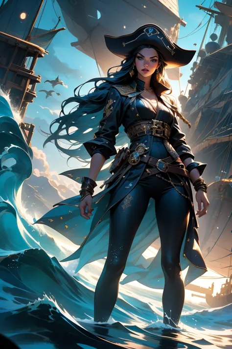 a beautiful and fierce pirate queen, long dark hair, intense eyes, full red lips, wearing an ornate pirate captain's uniform, st...