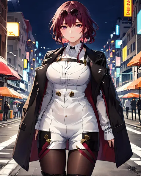 detailed anime style,a beautiful girl standing on the street,whole body,thigh strap,jaket, white  shirt,kafka,