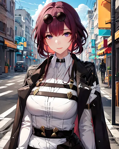 detailed anime style,a beautiful girl standing on the street,whole body,thigh strap,jaket, white  shirt,kafka,