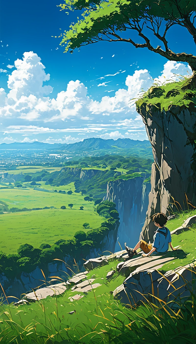 a boy sitting under a tree near a cliff in a meadow , seeing a vast blue sky with fluffy clouds and brush strokes , tall grasses stones, , makoto shinkai cyril rolando, anime art wallpaper 4k, anime art wallpaper 4k, animated background, anime art wallpaper 8K, animated background art, Anime Landscape Wallpaper, amazing wallpaper, HD wallpaper, 4k anime wallpaper, 4k anime wallpaper, Aries Moross art,art by Bob Byerley , AshleyWoodArtAI, greg rutkowski