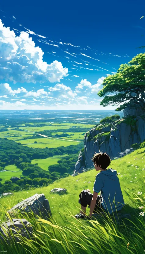 a boy sitting under a tree near a cliff in a meadow , seeing a vast blue sky with fluffy clouds and brush strokes , tall grasses...